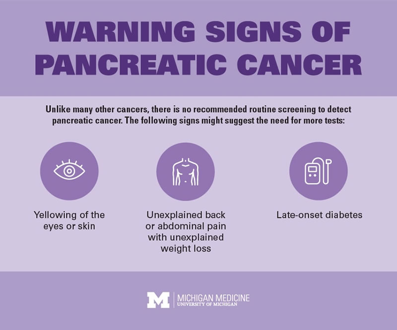 Yellowing of skin, unexplained back or abdominal pain with unexplained weightloss and late-onset diabetes are warning for pancreatic cancer